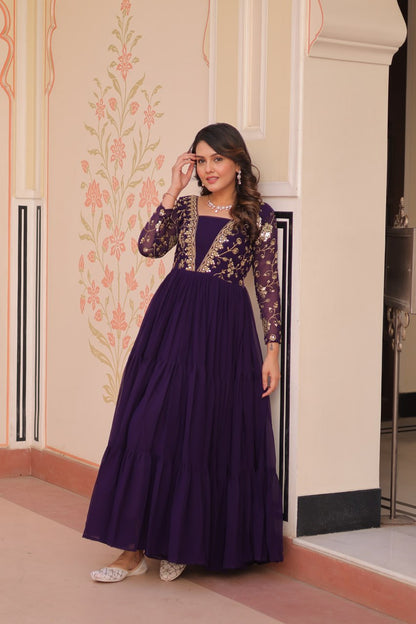 Reception Wear Purple Color Faux Blooming With Sequins And Zari Embroidered Work Designer Gown
