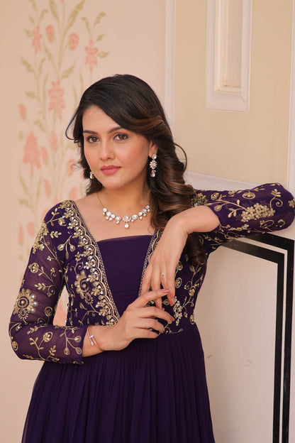 Reception Wear Purple Color Faux Blooming With Sequins And Zari Embroidered Work Designer Gown