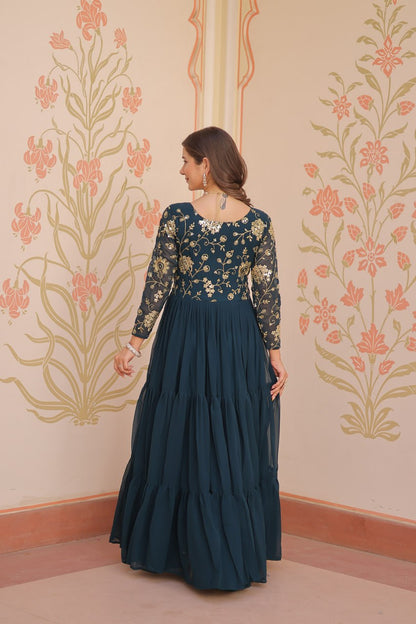 Function Wear Rama Color Faux Blooming With Sequins And Zari Embroidered Work Designer Gown