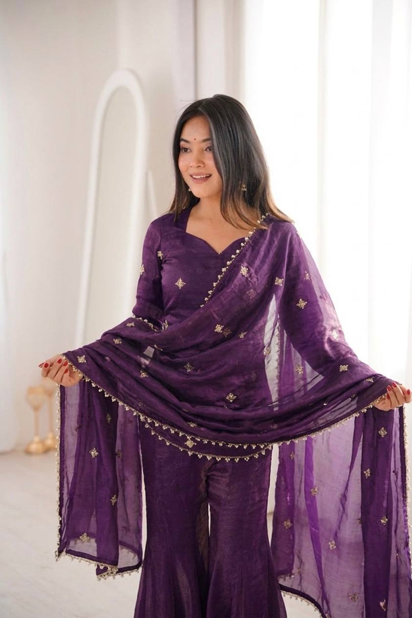Shining Purple Color Sequence Embroidered Work Top With Sharara Suit