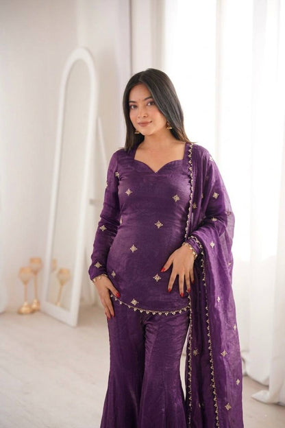 Shining Purple Color Sequence Embroidered Work Top With Sharara Suit
