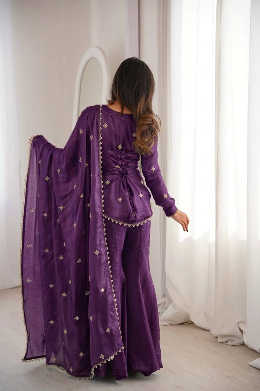 Shining Purple Color Sequence Embroidered Work Top With Sharara Suit