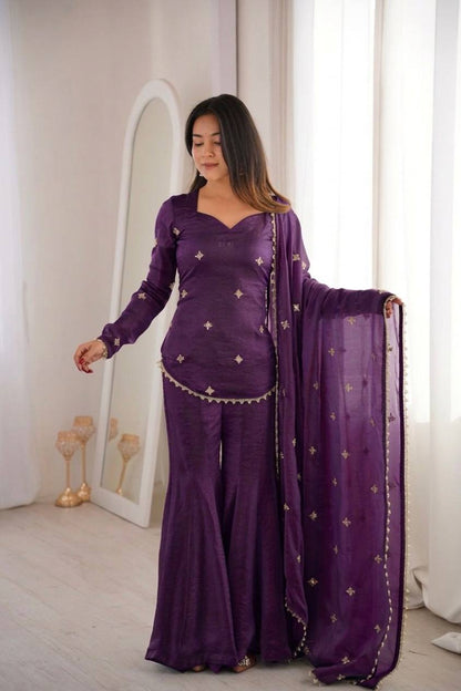 Shining Purple Color Sequence Embroidered Work Top With Sharara Suit