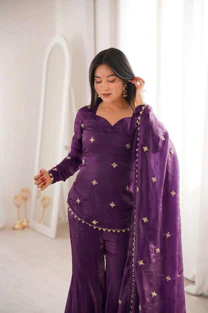 Shining Purple Color Sequence Embroidered Work Top With Sharara Suit