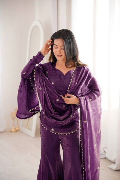 Shining Purple Color Sequence Embroidered Work Top With Sharara Suit