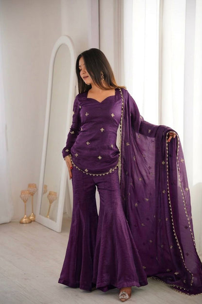 Shining Purple Color Sequence Embroidered Work Top With Sharara Suit