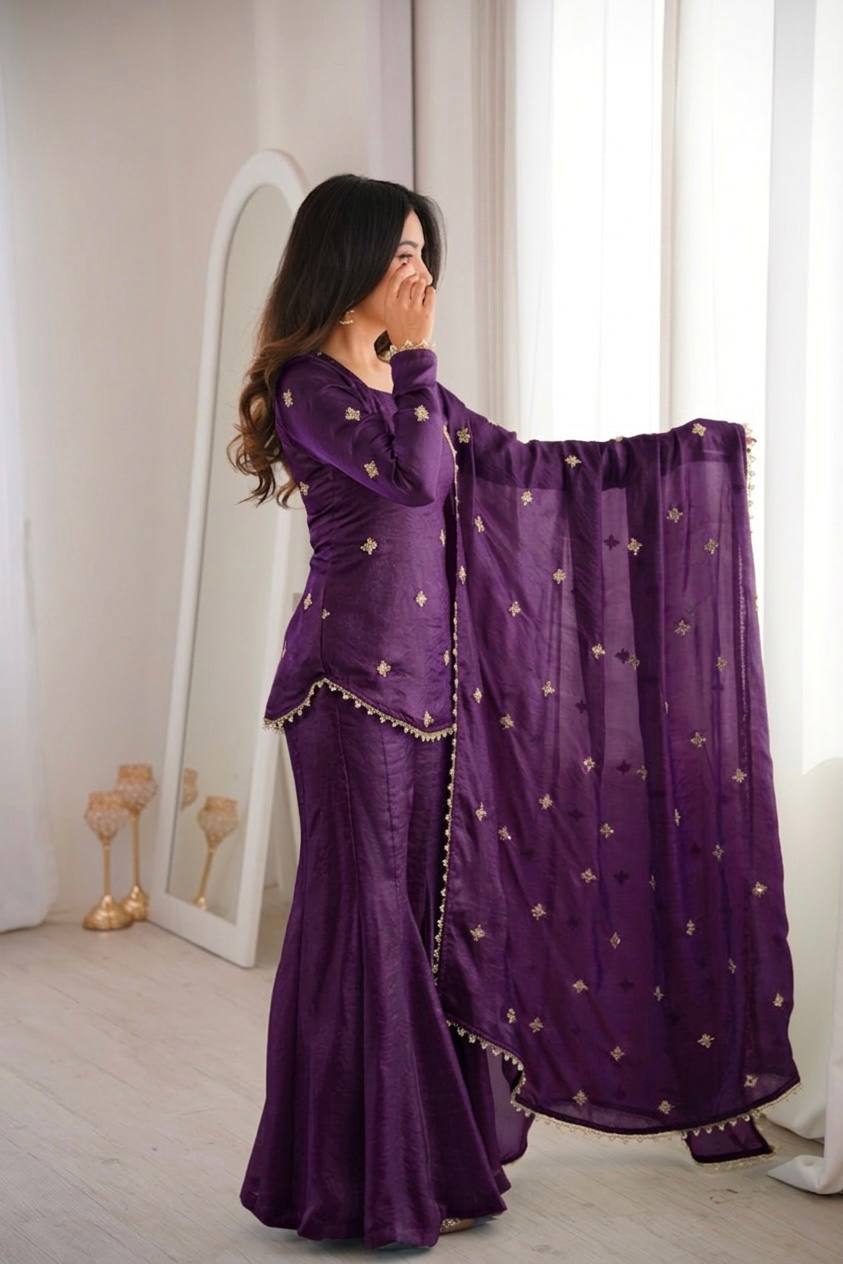 Shining Purple Color Sequence Embroidered Work Top With Sharara Suit