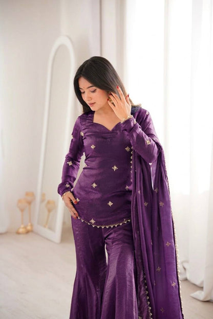 Shining Purple Color Sequence Embroidered Work Top With Sharara Suit