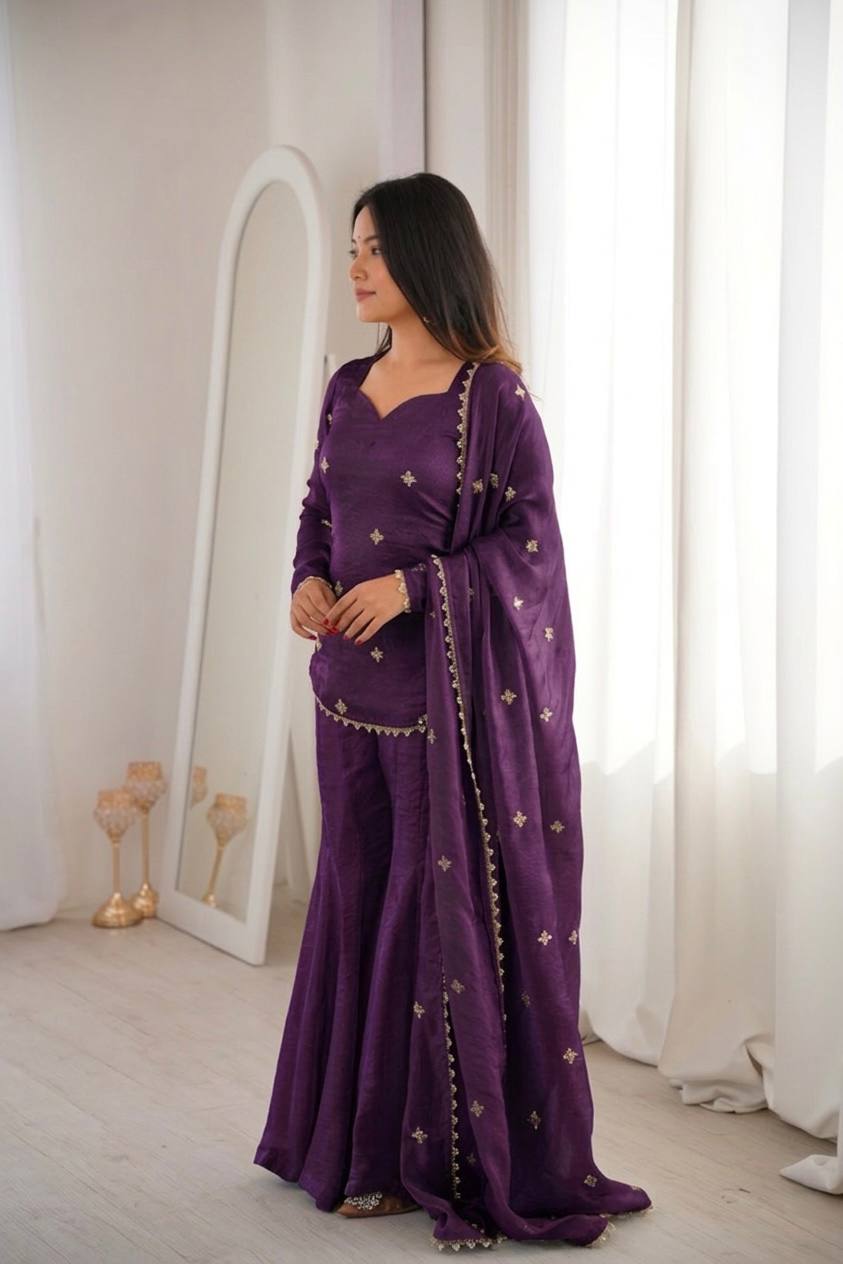 Shining Purple Color Sequence Embroidered Work Top With Sharara Suit