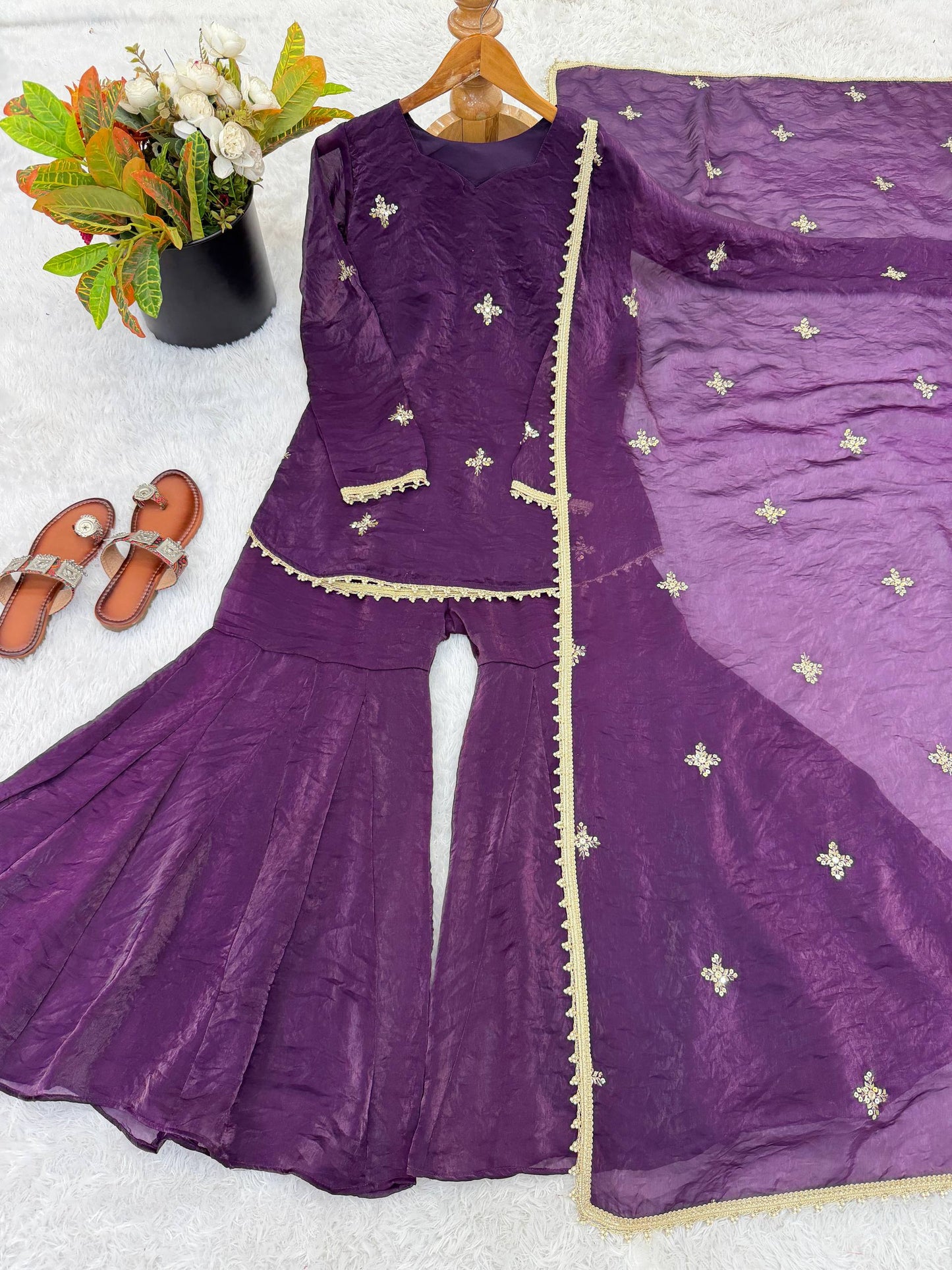 Shining Purple Color Sequence Embroidered Work Top With Sharara Suit