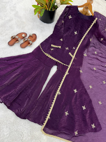 Shining Purple Color Sequence Embroidered Work Top With Sharara Suit