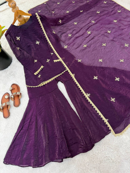 Shining Purple Color Sequence Embroidered Work Top With Sharara Suit