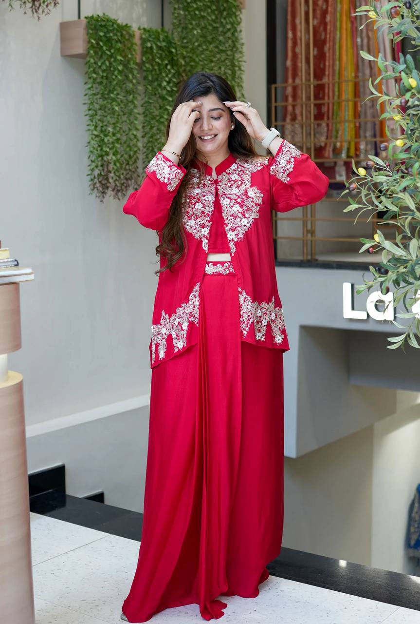 Red Color Chinnon Silk Fully Stitched Party Wear Dhoti Suit With Koti