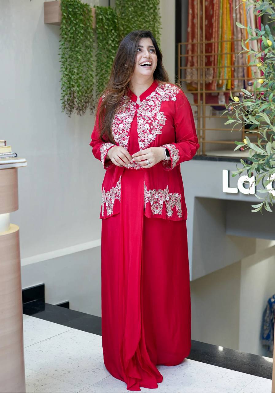 Red Color Chinnon Silk Fully Stitched Party Wear Dhoti Suit With Koti