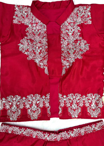 Red Color Chinnon Silk Fully Stitched Party Wear Dhoti Suit With Koti