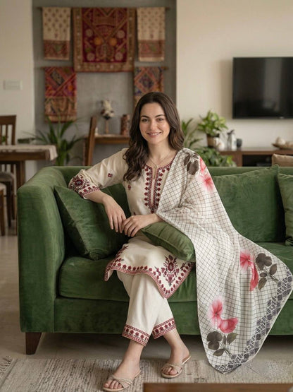 Peaceful White Color Embroidered Thread Work Palazzo Suit