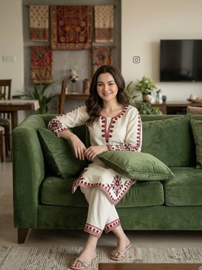 Peaceful White Color Embroidered Thread Work Palazzo Suit