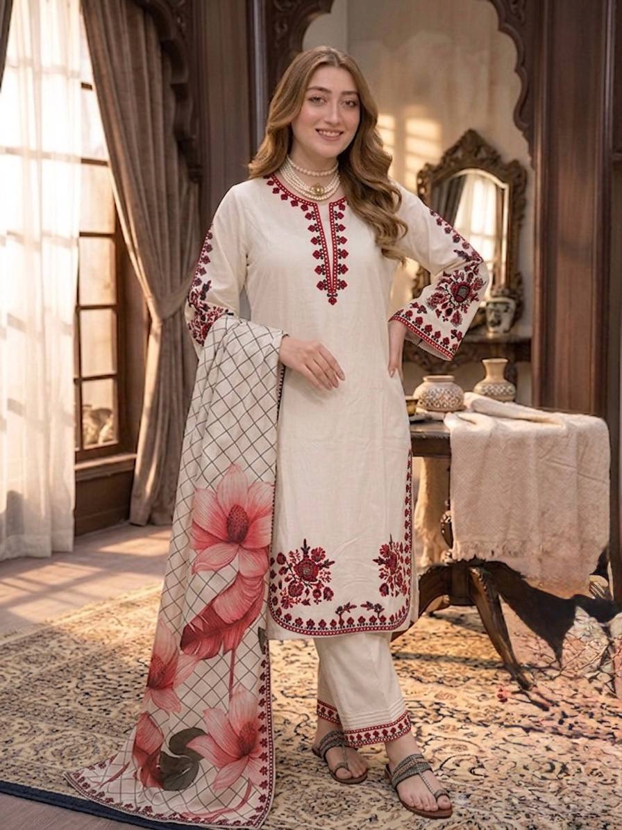 Peaceful White Color Embroidered Thread Work Palazzo Suit