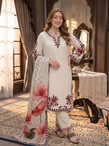 Peaceful White Color Embroidered Thread Work Palazzo Suit