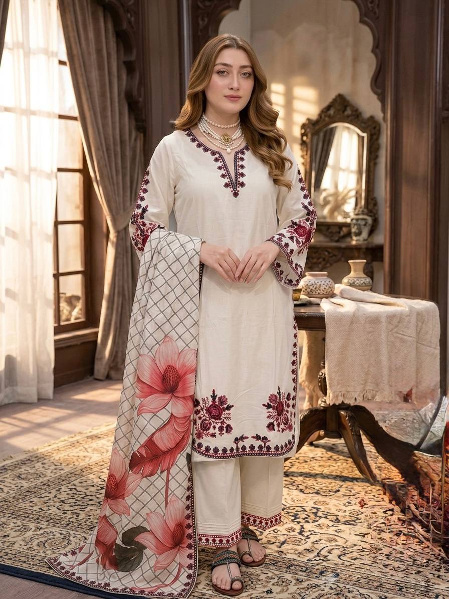 Peaceful White Color Embroidered Thread Work Palazzo Suit
