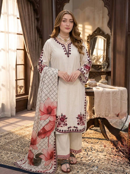 Peaceful White Color Embroidered Thread Work Palazzo Suit