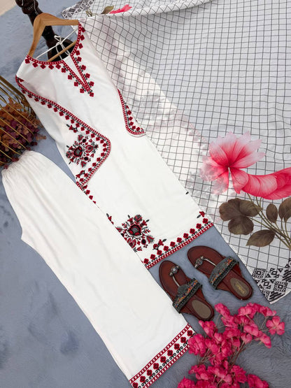 Peaceful White Color Embroidered Thread Work Palazzo Suit
