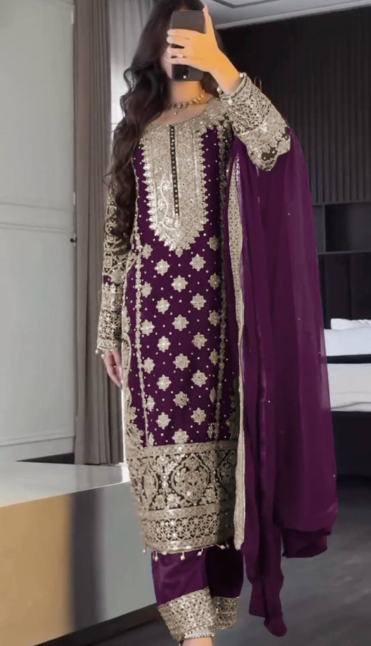 Reception Wear Wine Color Faux Georgette With Heavy Embroidery Sequence Work Designer Salwar Suit