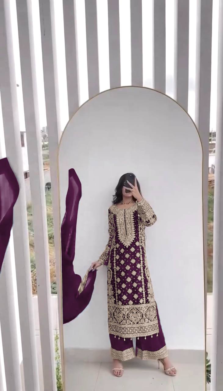 Reception Wear Wine Color Faux Georgette With Heavy Embroidery Sequence Work Designer Salwar Suit