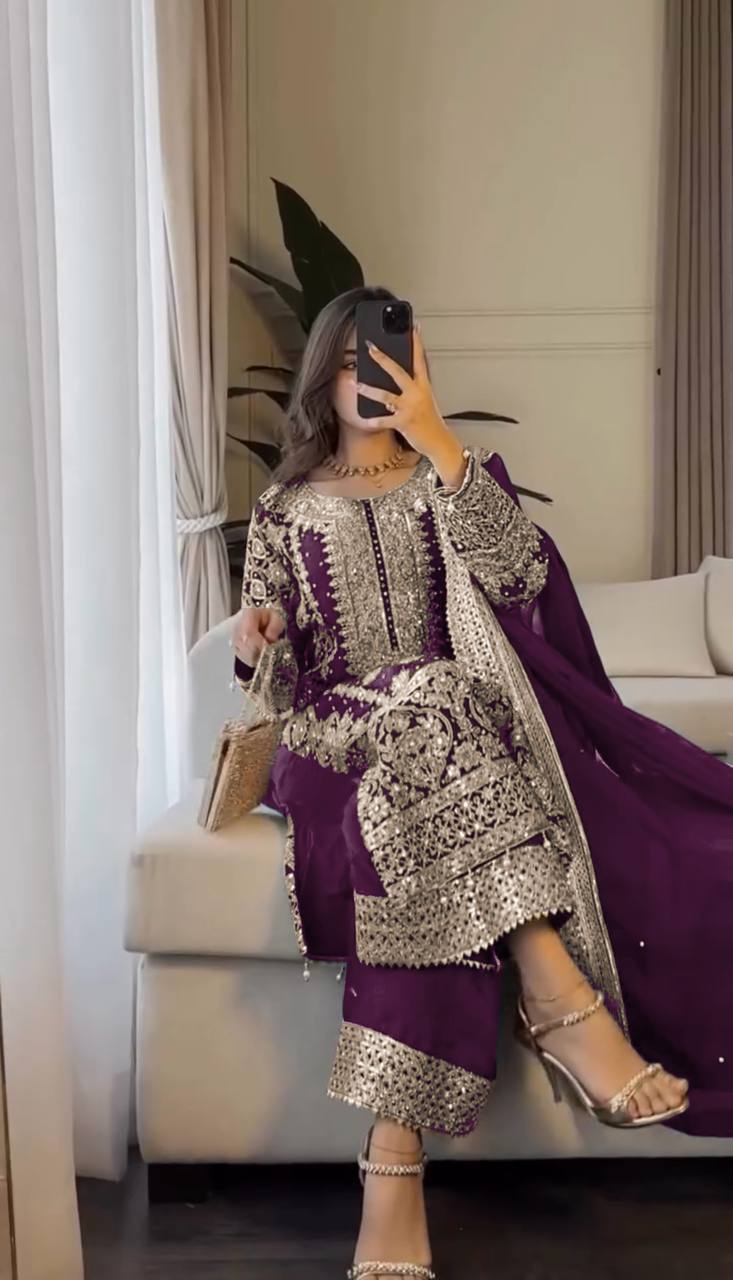 Reception Wear Wine Color Faux Georgette With Heavy Embroidery Sequence Work Designer Salwar Suit