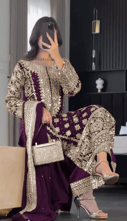 Reception Wear Wine Color Faux Georgette With Heavy Embroidery Sequence Work Designer Salwar Suit