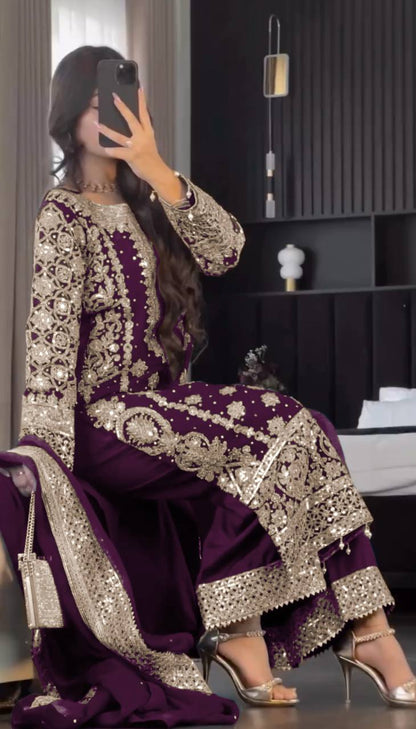 Reception Wear Wine Color Faux Georgette With Heavy Embroidery Sequence Work Designer Salwar Suit