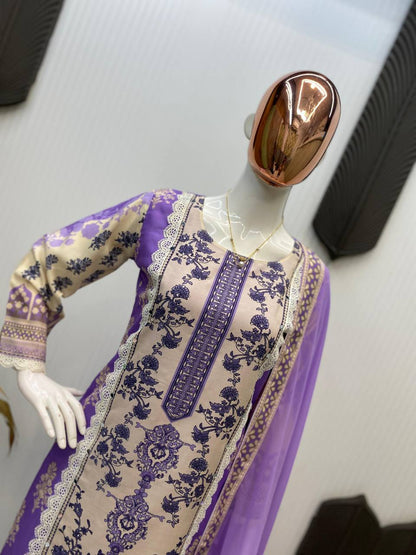 Beautiful Lavender Color Maslin With Real Mirror And Diamond Work Designer Salwar Suit