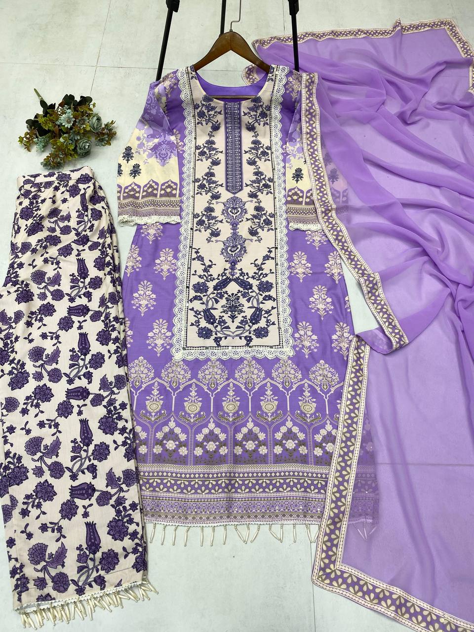 Beautiful Lavender Color Maslin With Real Mirror And Diamond Work Designer Salwar Suit