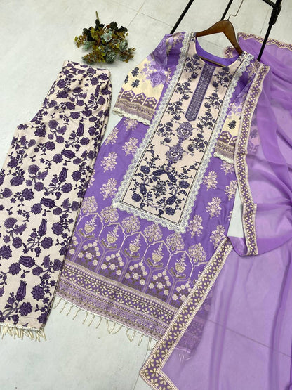 Beautiful Lavender Color Maslin With Real Mirror And Diamond Work Designer Salwar Suit