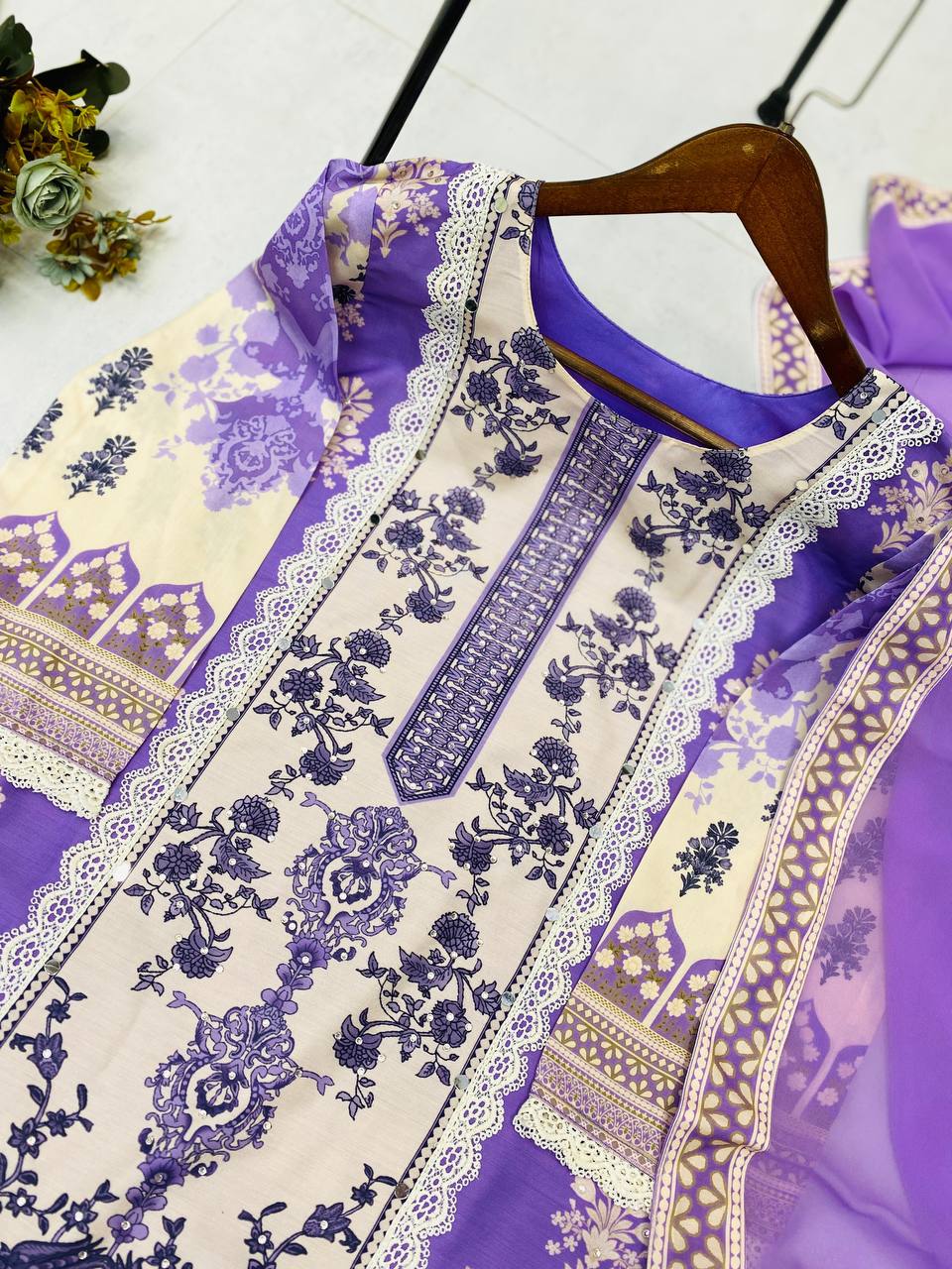 Beautiful Lavender Color Maslin With Real Mirror And Diamond Work Designer Salwar Suit