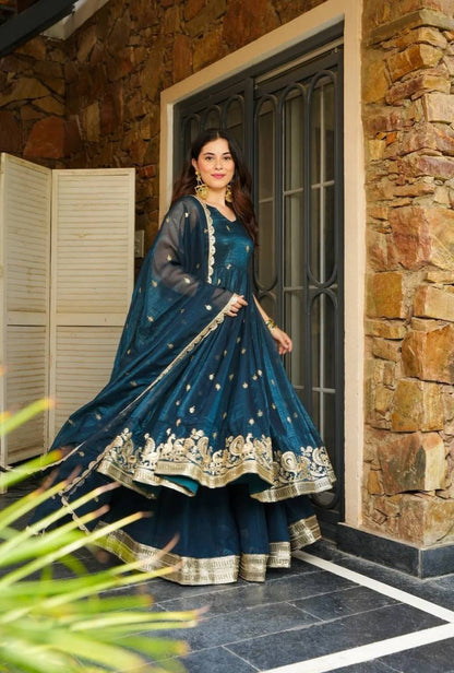 Festival Wear Teal Color Heavy Crunchy Silk And Embroidery With Sequin Work Beautiful Anarkali Suit