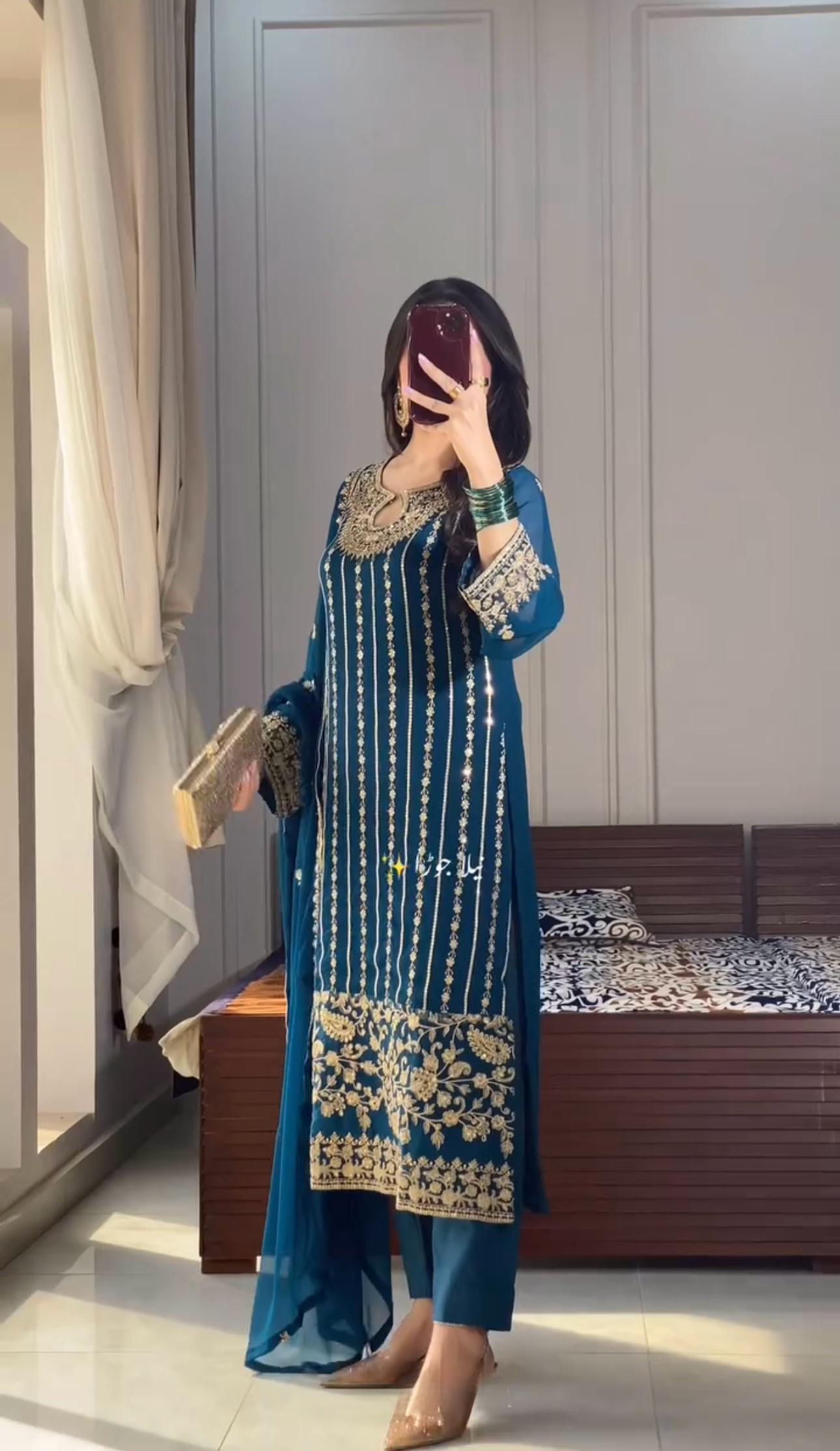 Graceful Chinon Silk Embroidery Work Teal Blue Salwar Suit