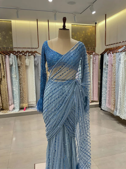 Elegant Blue Color Embroidery Work Saree