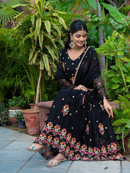 Party Wear Black Color Faux Georgette Heavy Embroidery With Sequence Work Beautiful Anarkali Suit