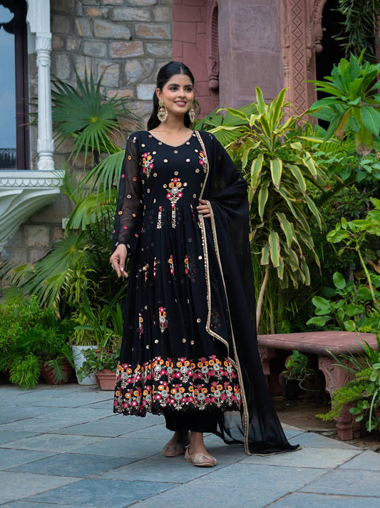 Party Wear Black Color Faux Georgette Heavy Embroidery With Sequence Work Beautiful Anarkali Suit
