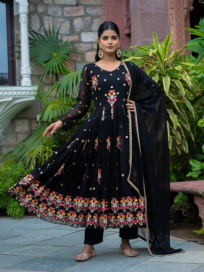 Party Wear Black Color Faux Georgette Heavy Embroidery With Sequence Work Beautiful Anarkali Suit