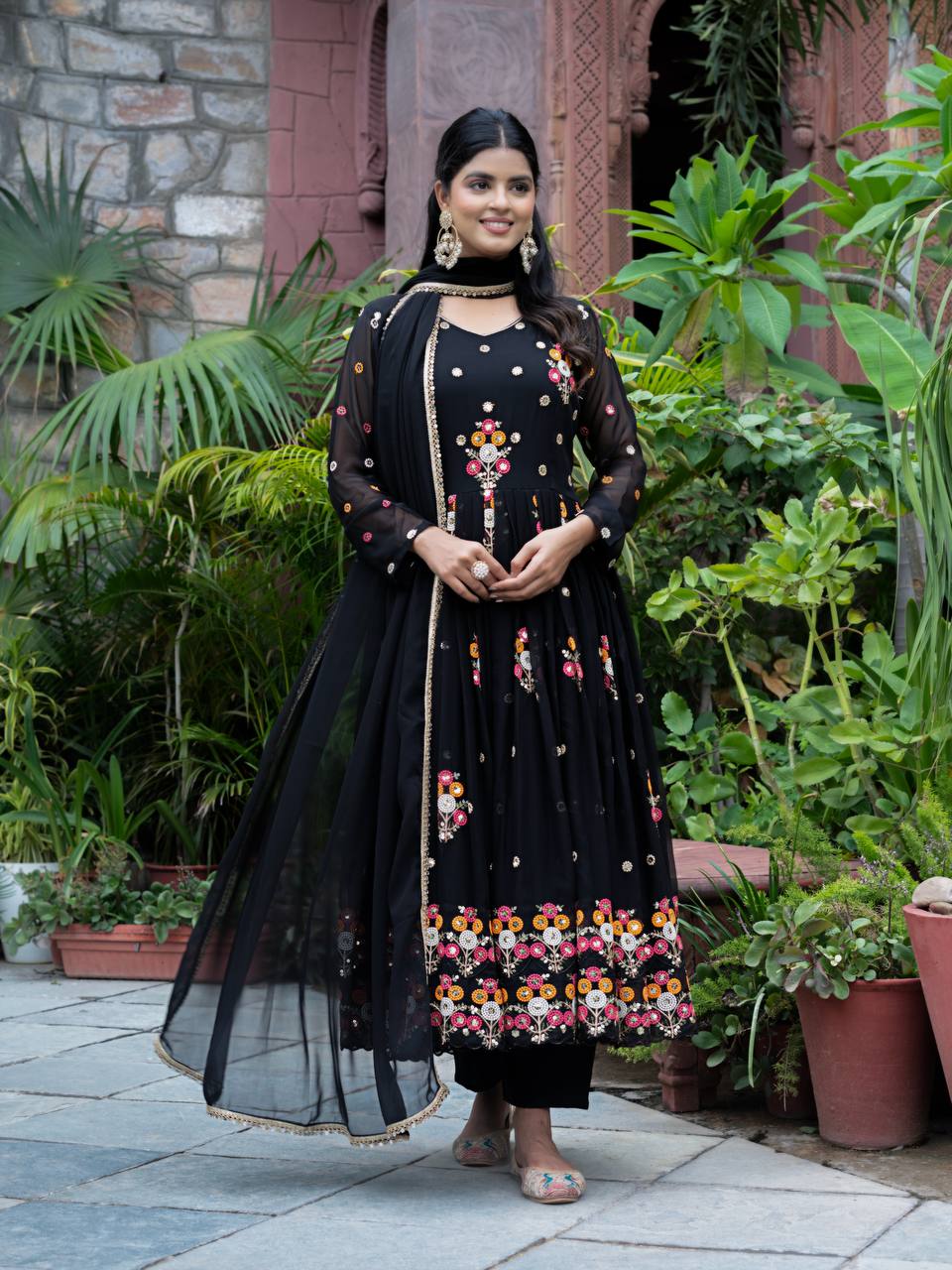 Party Wear Black Color Faux Georgette Heavy Embroidery With Sequence Work Beautiful Anarkali Suit