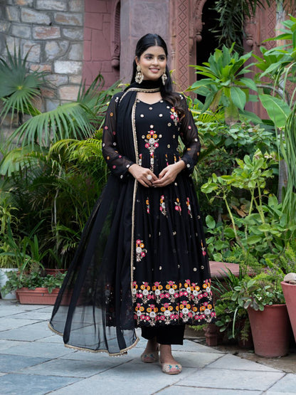 Party Wear Black Color Faux Georgette Heavy Embroidery With Sequence Work Beautiful Anarkali Suit