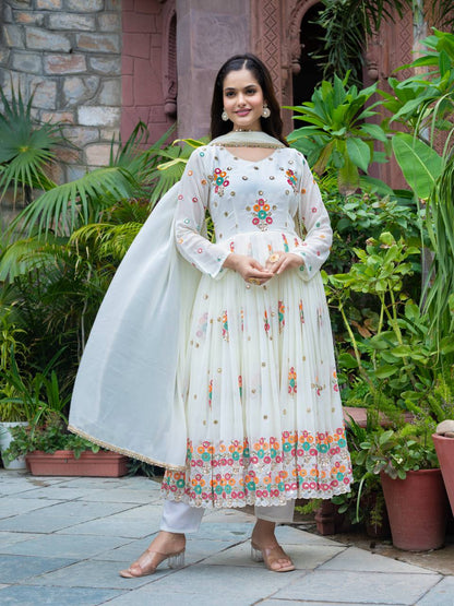 Reception Wear Off White Color Faux Georgette Heavy Embroidery With Sequence Work Beautiful Anarkali Suit
