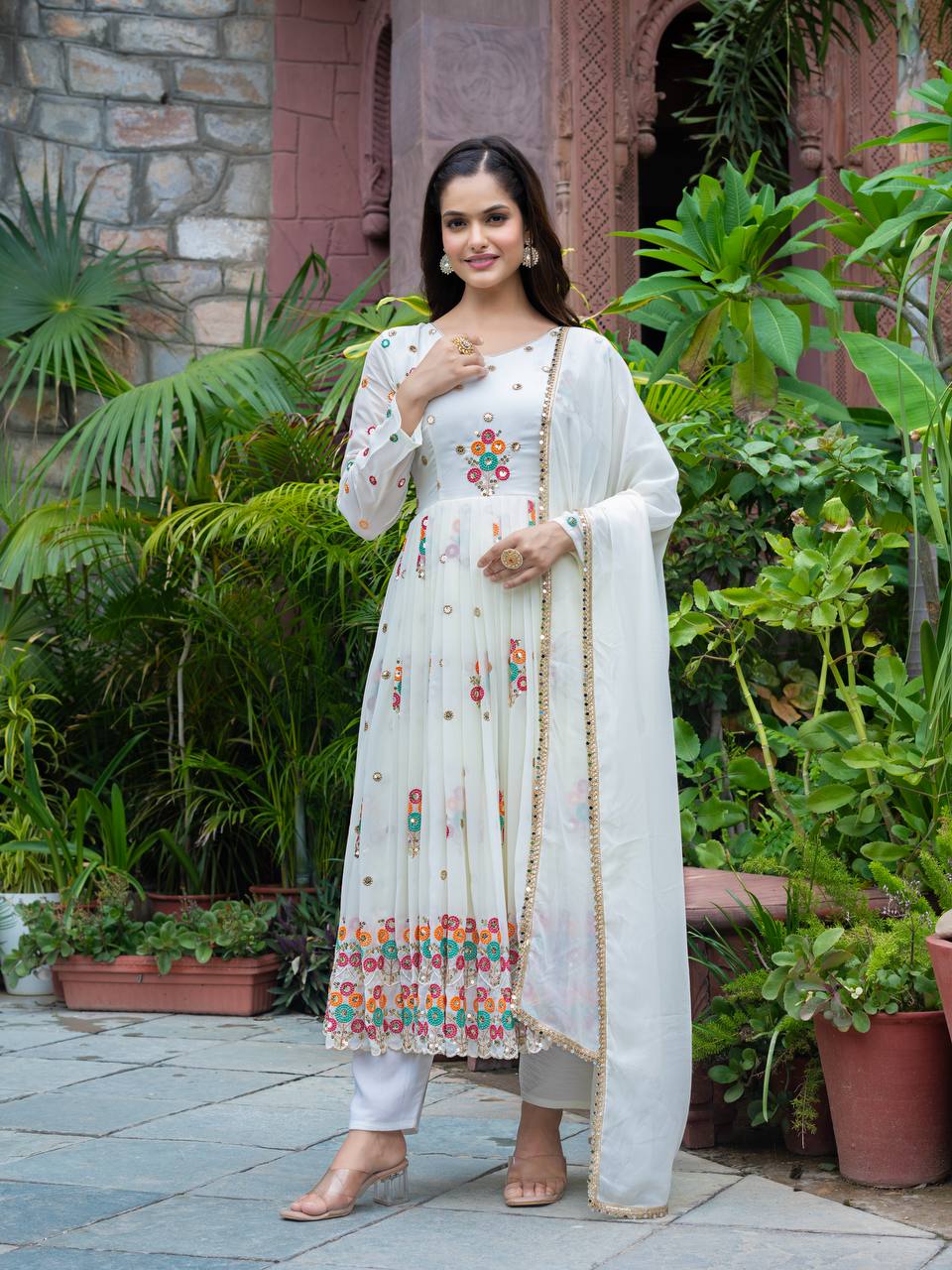 Reception Wear Off White Color Faux Georgette Heavy Embroidery With Sequence Work Beautiful Anarkali Suit