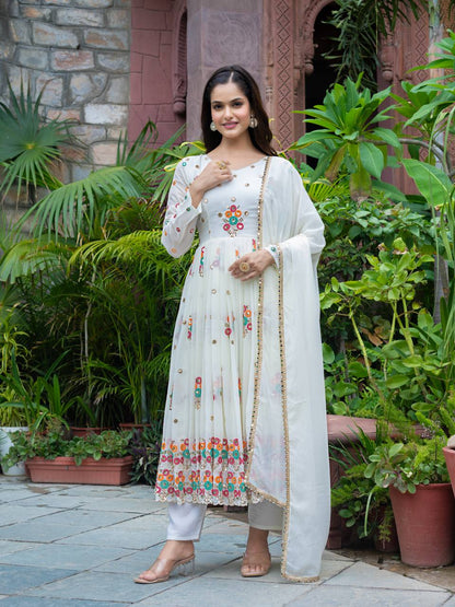 Reception Wear Off White Color Faux Georgette Heavy Embroidery With Sequence Work Beautiful Anarkali Suit