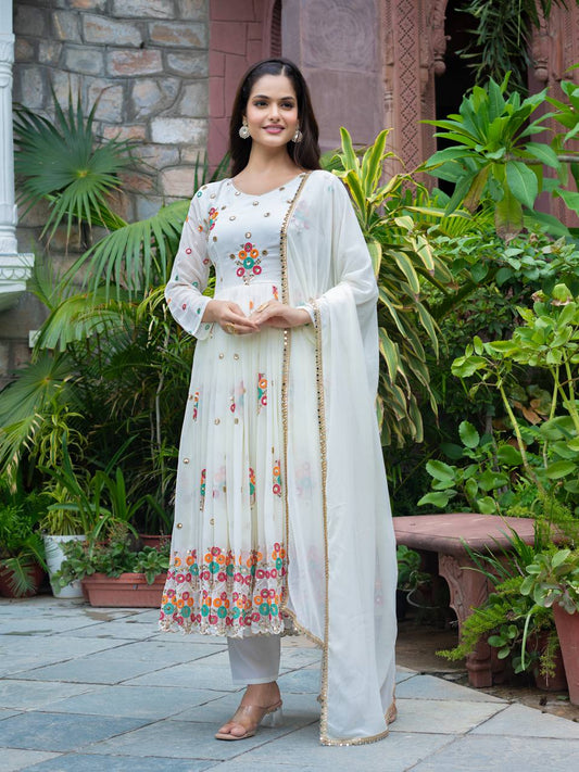 Reception Wear Off White Color Faux Georgette Heavy Embroidery With Sequence Work Beautiful Anarkali Suit