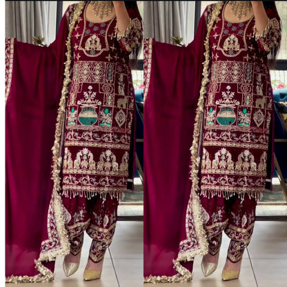 Sangeet Wear Maroon Color Natural Crepe Heavy Embroidery With 5mm Sequence Work Salwar Suit