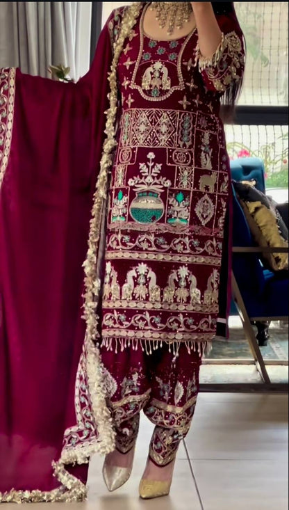 Sangeet Wear Maroon Color Natural Crepe Heavy Embroidery With 5mm Sequence Work Salwar Suit