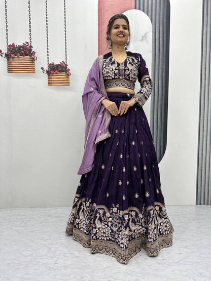 Wedding Wear Wine Color Vichitra Silk Heavy Thread And Sequins Embroidery Work Lehenga Choli
